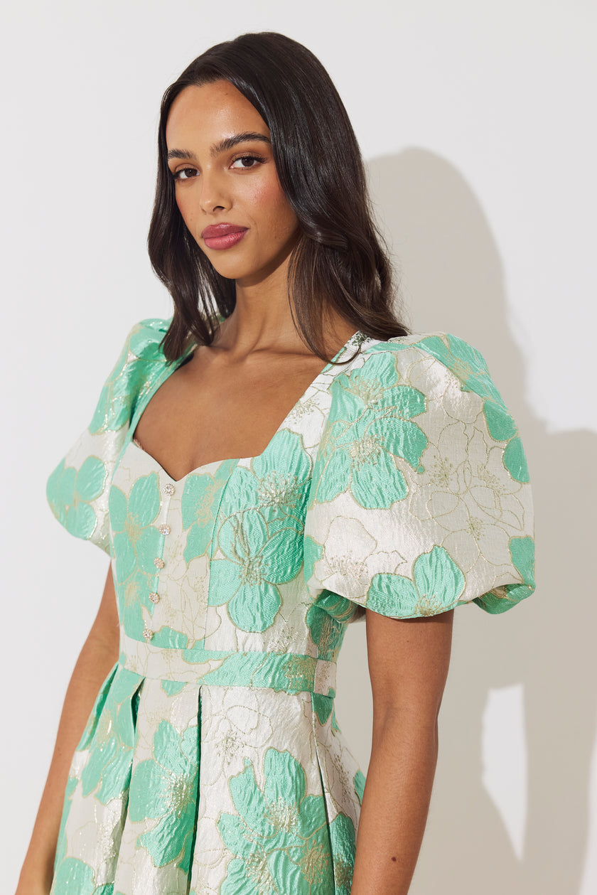 AUDREY PUFF SLEEVE FULL SKIRT DRESS - METALLIC MINT
