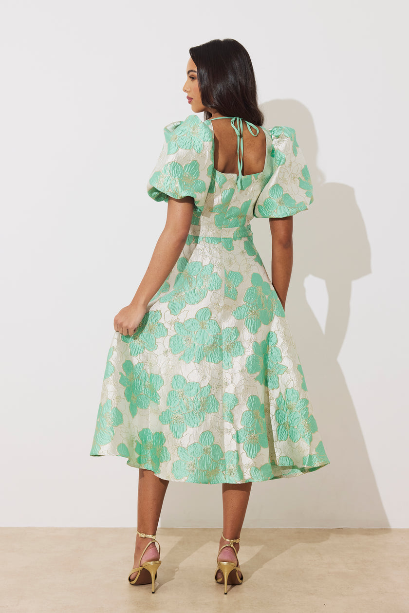 AUDREY PUFF SLEEVE FULL SKIRT DRESS - METALLIC MINT