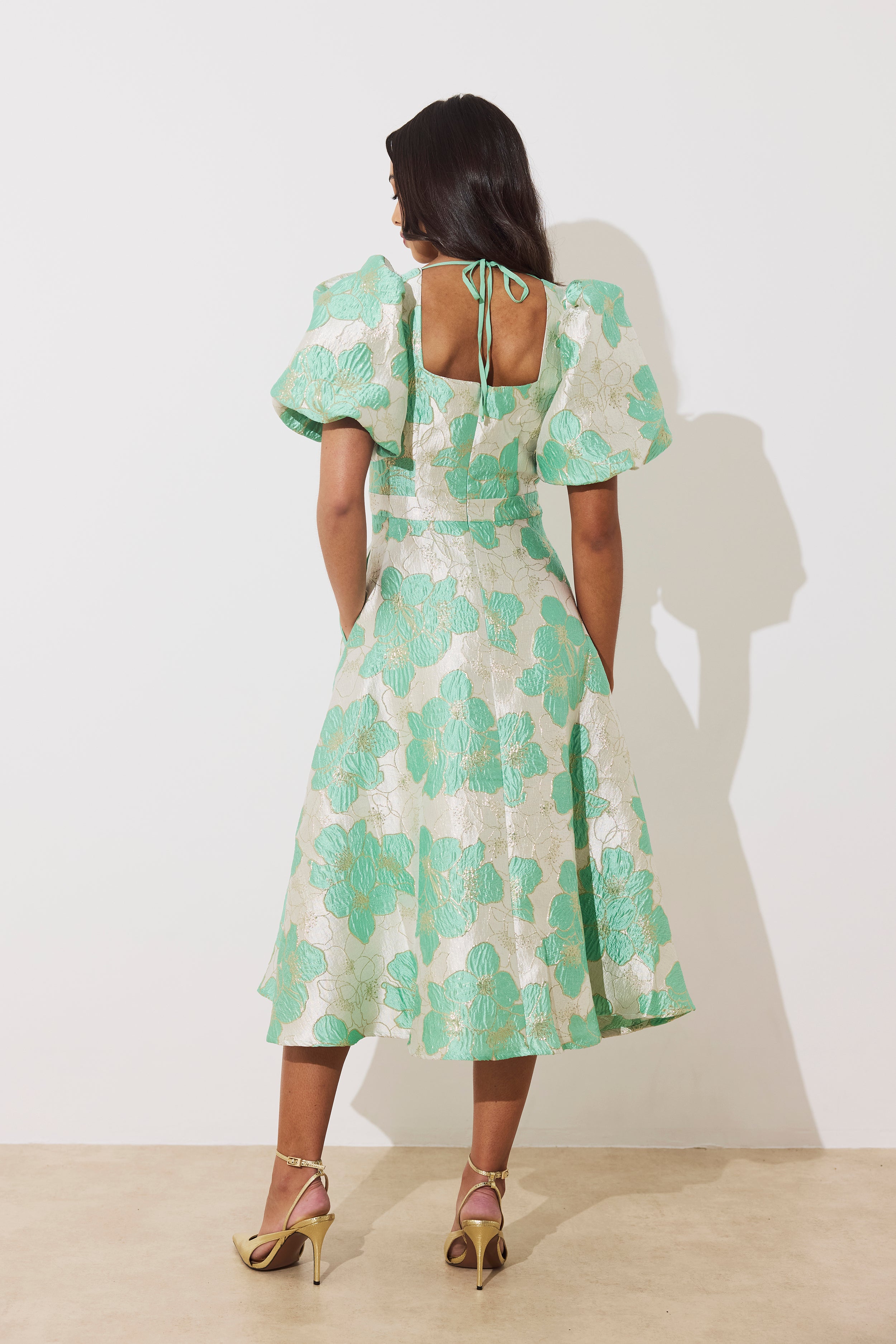 AUDREY PUFF SLEEVE FULL SKIRT DRESS - METALLIC MINT