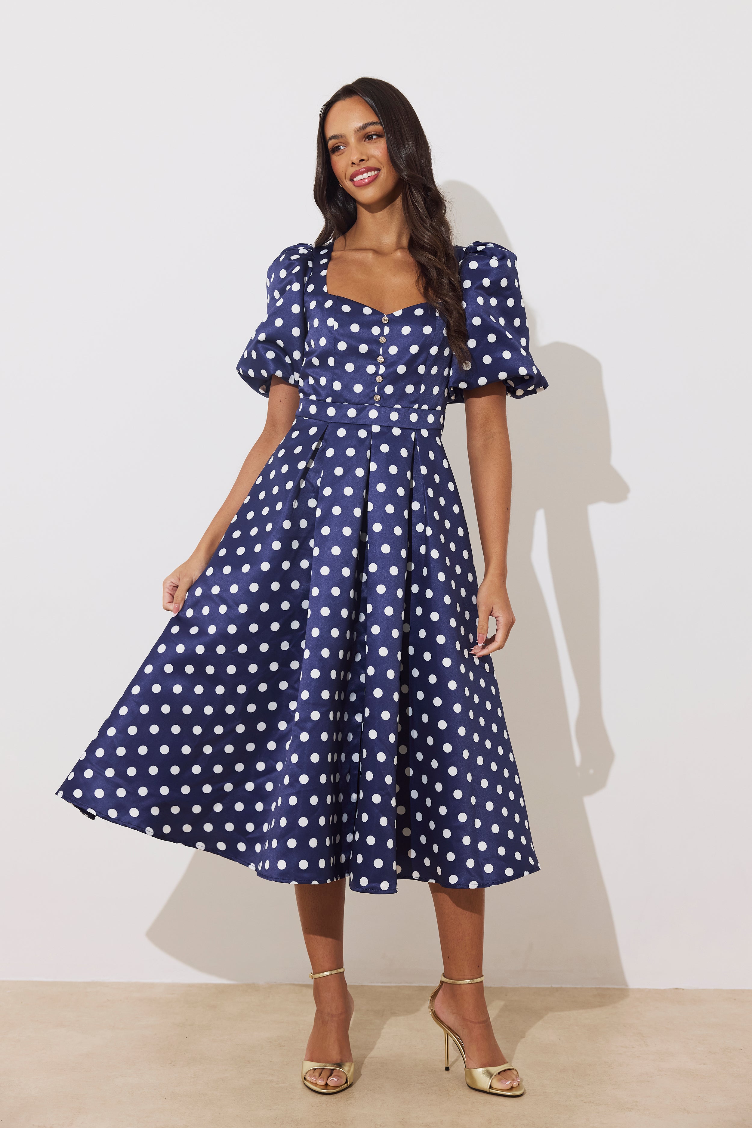AUDREY PUFF SLEEVE FULL SKIRT DRESS - NAVY POLKA DOT