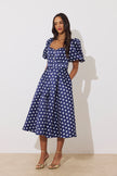 AUDREY PUFF SLEEVE FULL SKIRT DRESS - NAVY POLKA DOT