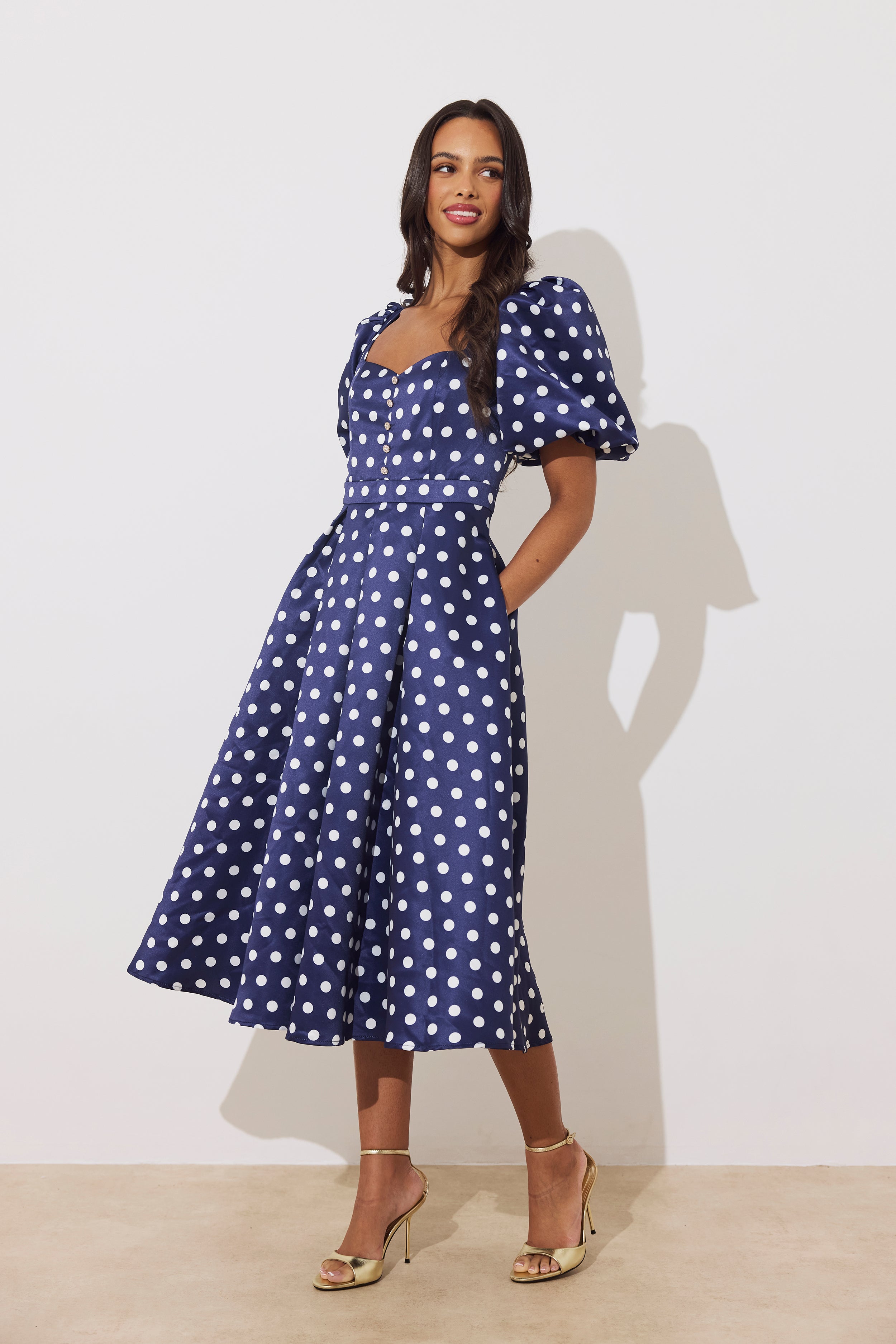 AUDREY PUFF SLEEVE FULL SKIRT DRESS - NAVY POLKA DOT