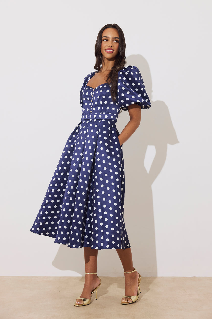 AUDREY PUFF SLEEVE FULL SKIRT DRESS - NAVY POLKA DOT