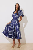 AUDREY PUFF SLEEVE FULL SKIRT DRESS - NAVY POLKA DOT