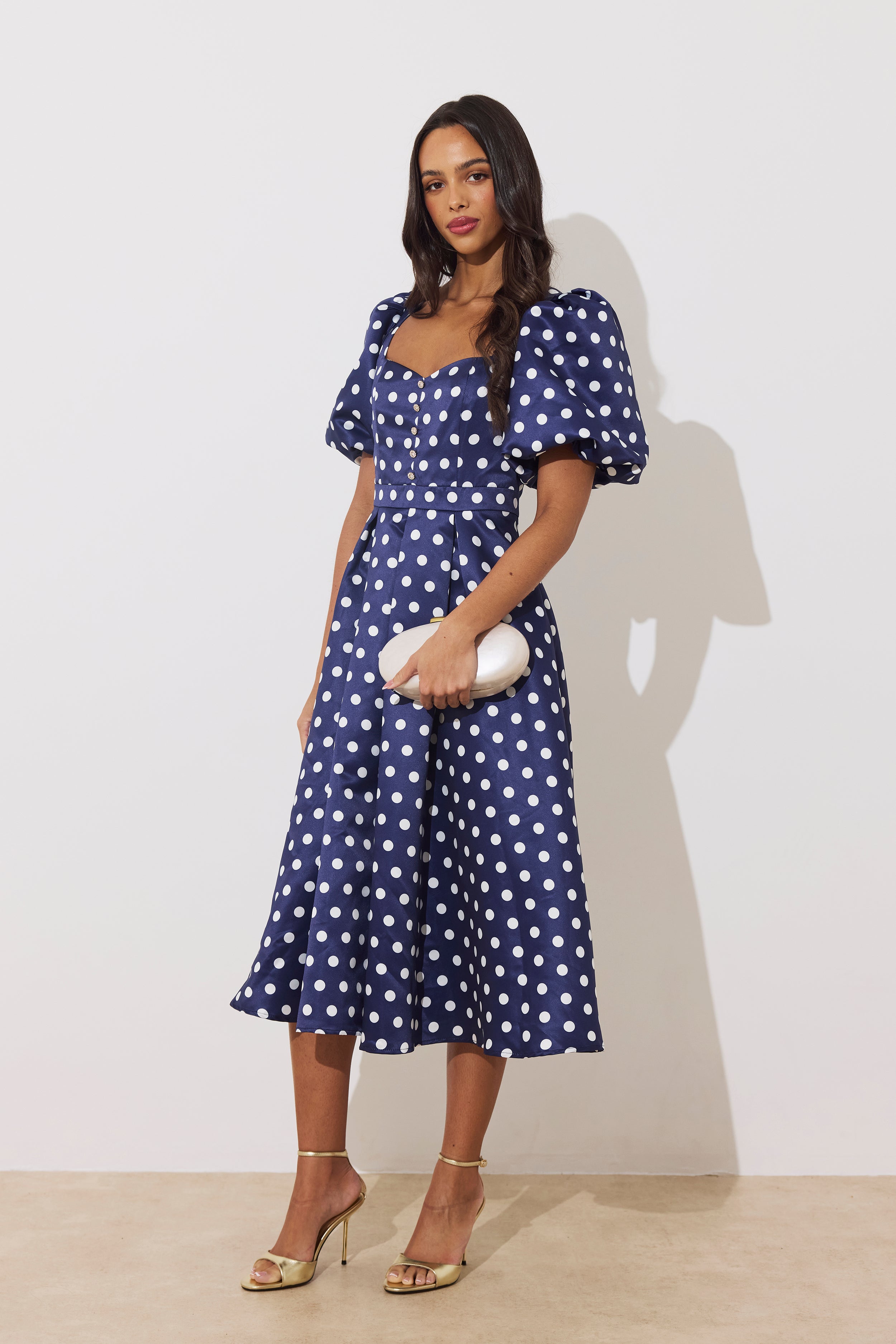 AUDREY PUFF SLEEVE FULL SKIRT DRESS - NAVY POLKA DOT