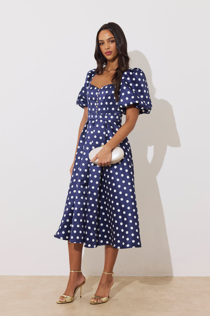 AUDREY PUFF SLEEVE FULL SKIRT DRESS - NAVY POLKA DOT