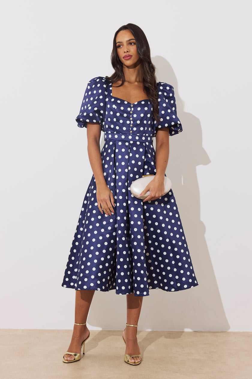 AUDREY PUFF SLEEVE FULL SKIRT DRESS - NAVY POLKA DOT