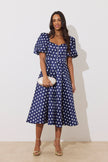 AUDREY PUFF SLEEVE FULL SKIRT DRESS - NAVY POLKA DOT