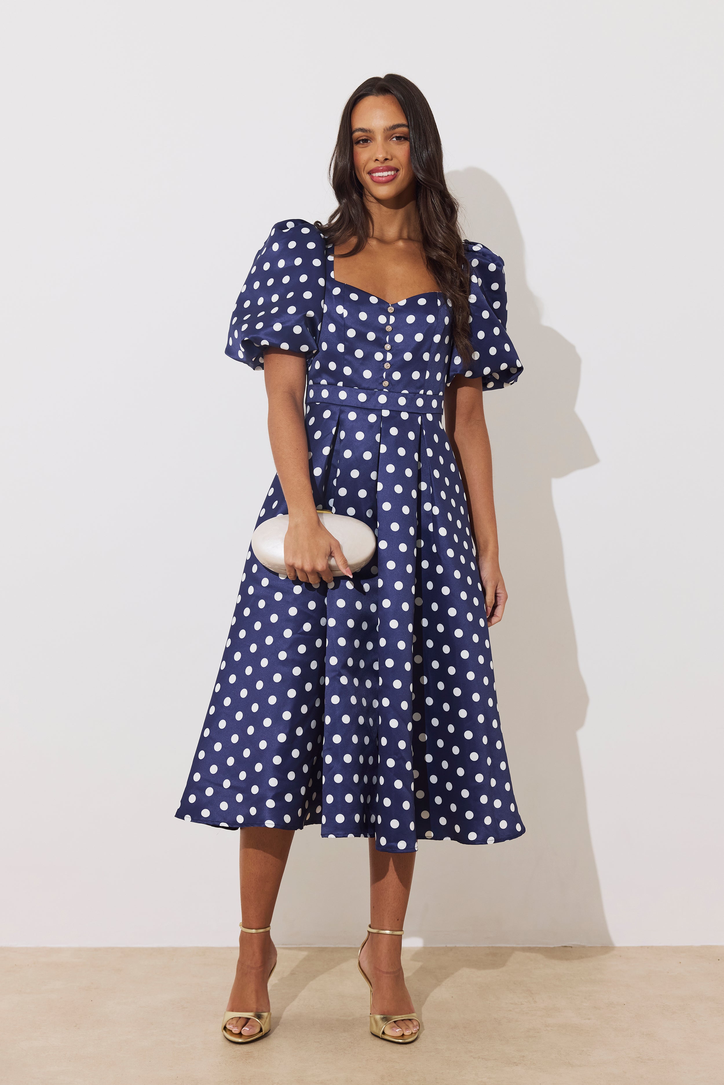AUDREY PUFF SLEEVE FULL SKIRT DRESS - NAVY POLKA DOT