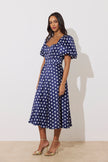 AUDREY PUFF SLEEVE FULL SKIRT DRESS - NAVY POLKA DOT