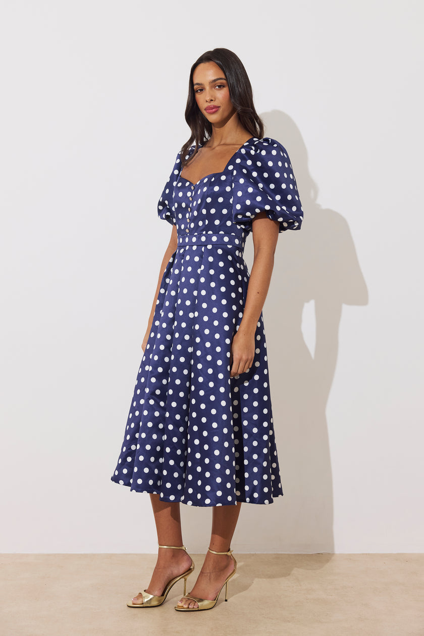 AUDREY PUFF SLEEVE FULL SKIRT DRESS - NAVY POLKA DOT