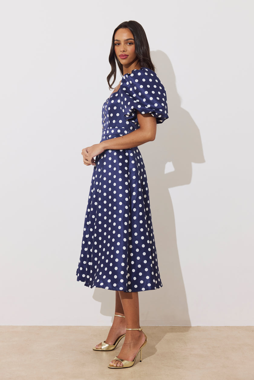 AUDREY PUFF SLEEVE FULL SKIRT DRESS - NAVY POLKA DOT
