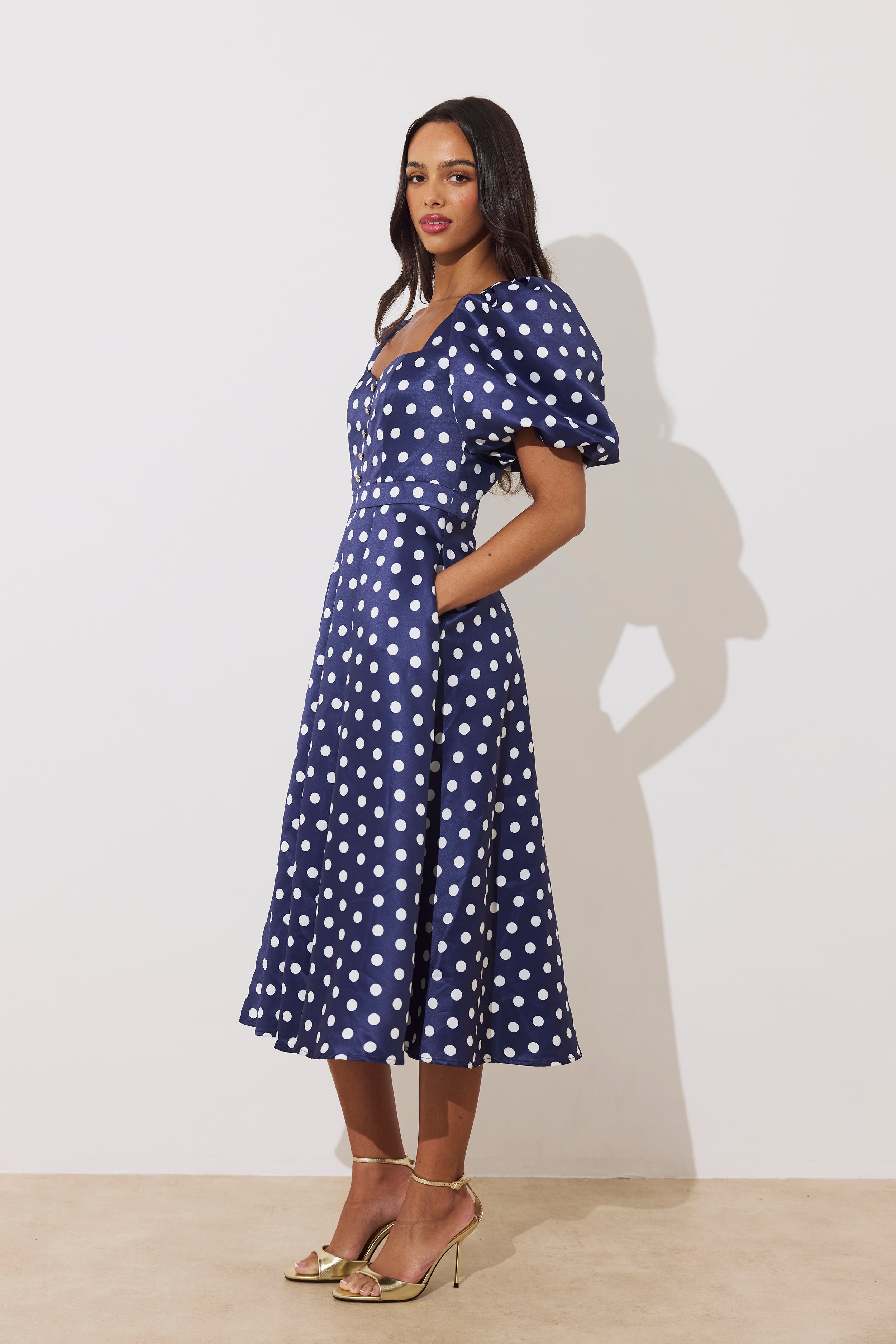 AUDREY PUFF SLEEVE FULL SKIRT DRESS - NAVY POLKA DOT