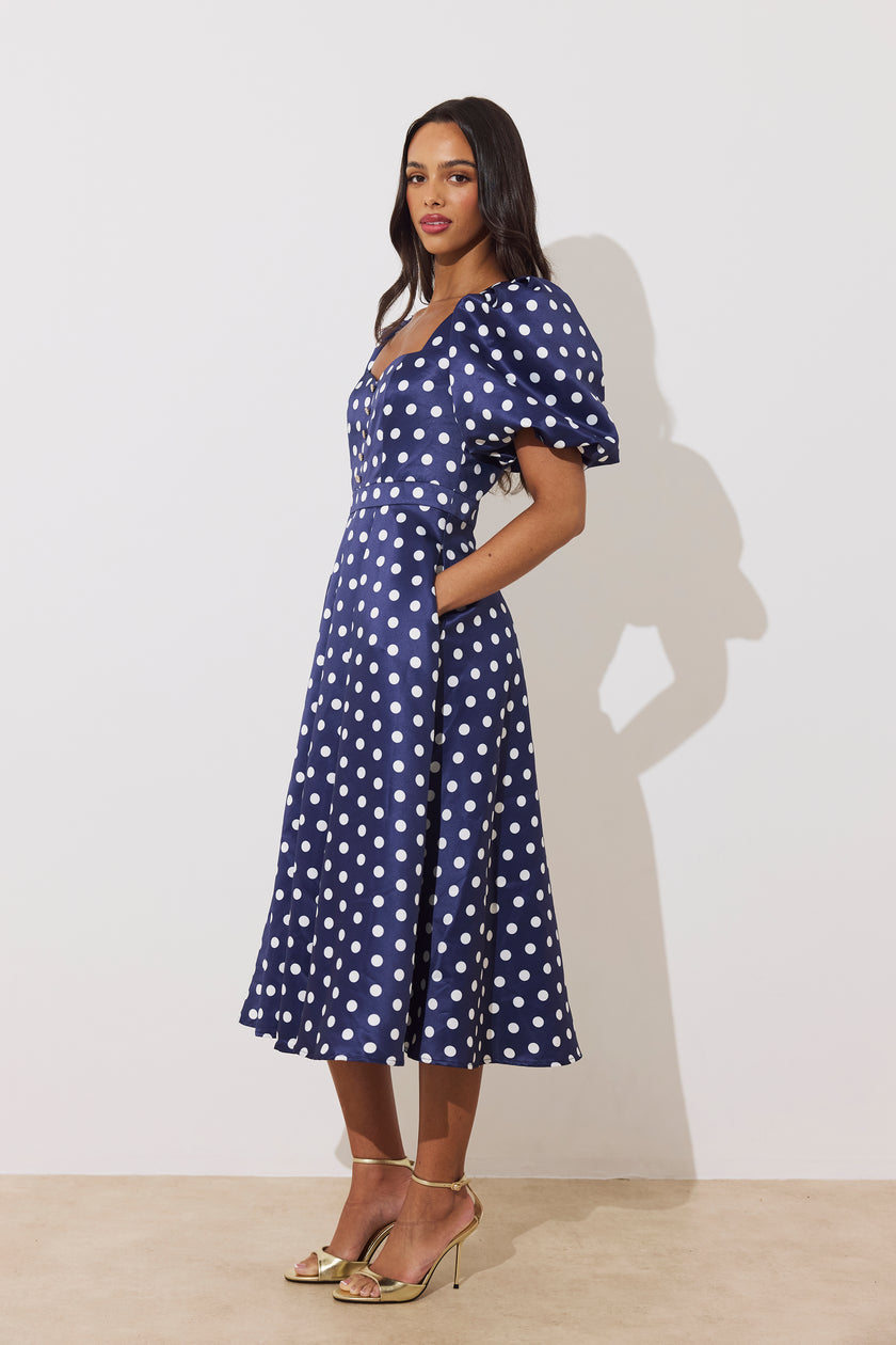 AUDREY PUFF SLEEVE FULL SKIRT DRESS - NAVY POLKA DOT