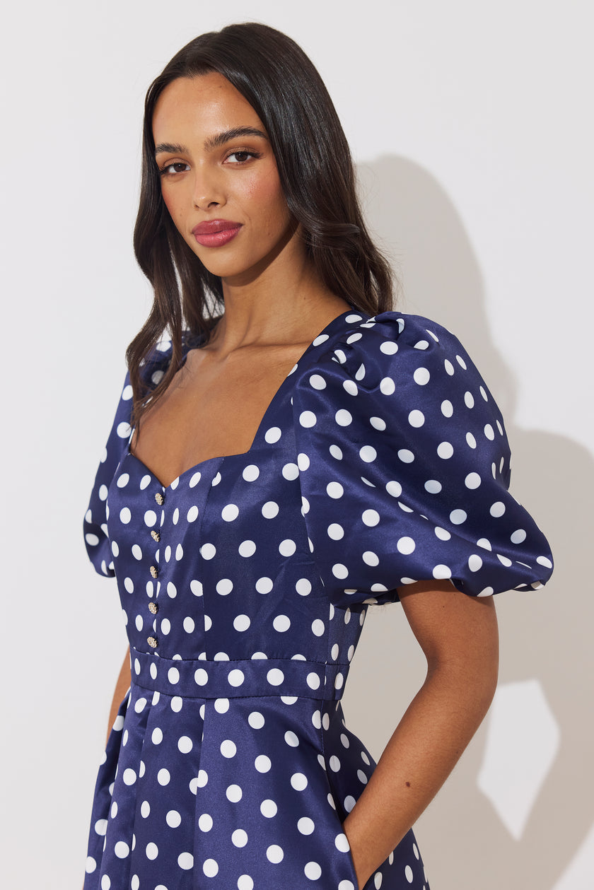 AUDREY PUFF SLEEVE FULL SKIRT DRESS - NAVY POLKA DOT