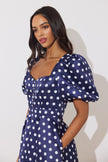 AUDREY PUFF SLEEVE FULL SKIRT DRESS - NAVY POLKA DOT