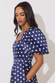 AUDREY PUFF SLEEVE FULL SKIRT DRESS - NAVY POLKA DOT
