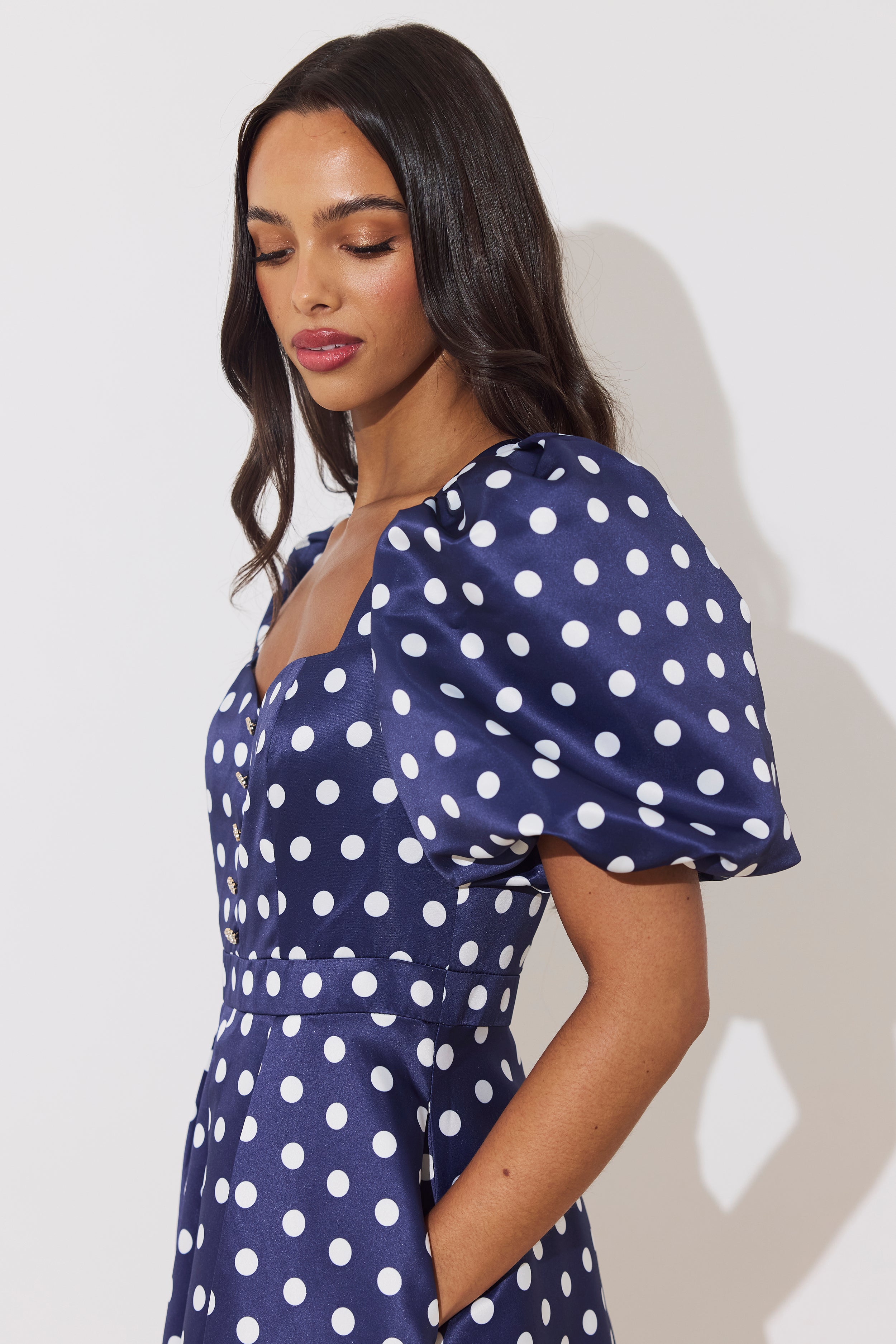 AUDREY PUFF SLEEVE FULL SKIRT DRESS - NAVY POLKA DOT