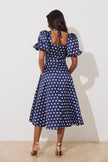 AUDREY PUFF SLEEVE FULL SKIRT DRESS - NAVY POLKA DOT