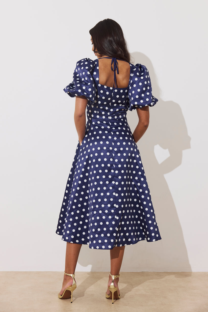 AUDREY PUFF SLEEVE FULL SKIRT DRESS - NAVY POLKA DOT