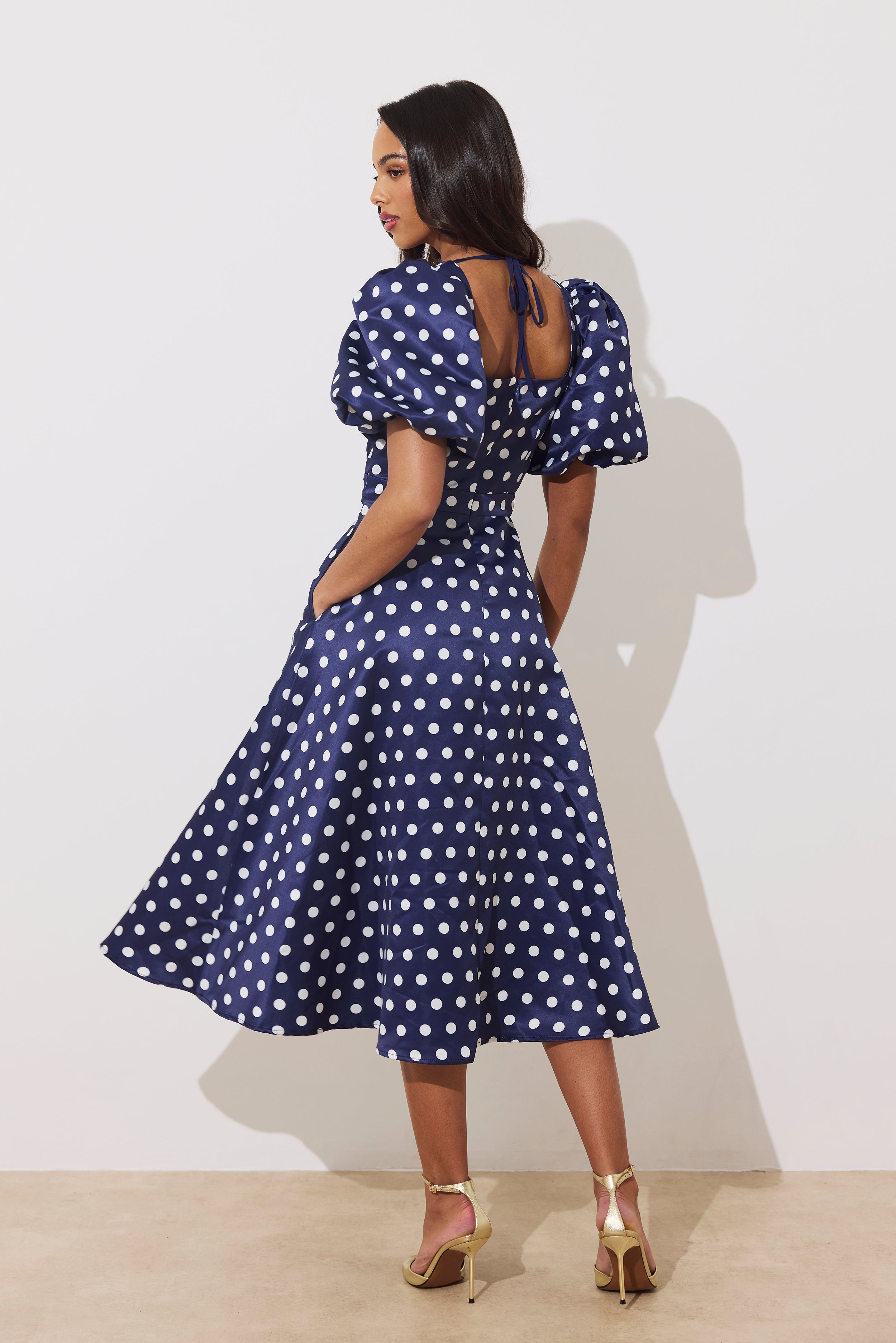 AUDREY PUFF SLEEVE FULL SKIRT DRESS - NAVY POLKA DOT