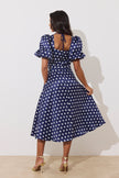 AUDREY PUFF SLEEVE FULL SKIRT DRESS - NAVY POLKA DOT