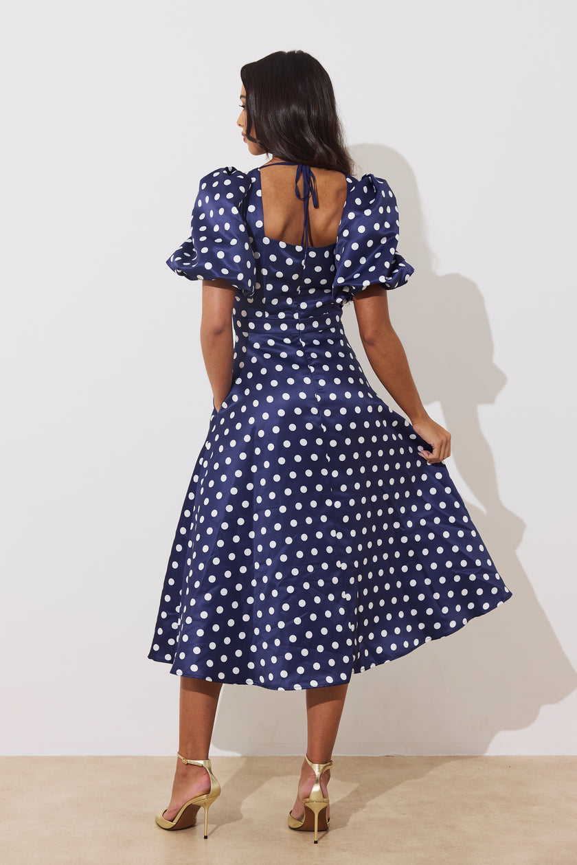 AUDREY PUFF SLEEVE FULL SKIRT DRESS - NAVY POLKA DOT