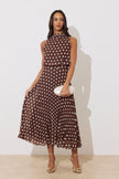 MILLY PLEAT SKIRT POLKA DOT MIDI DRESS - BROWN