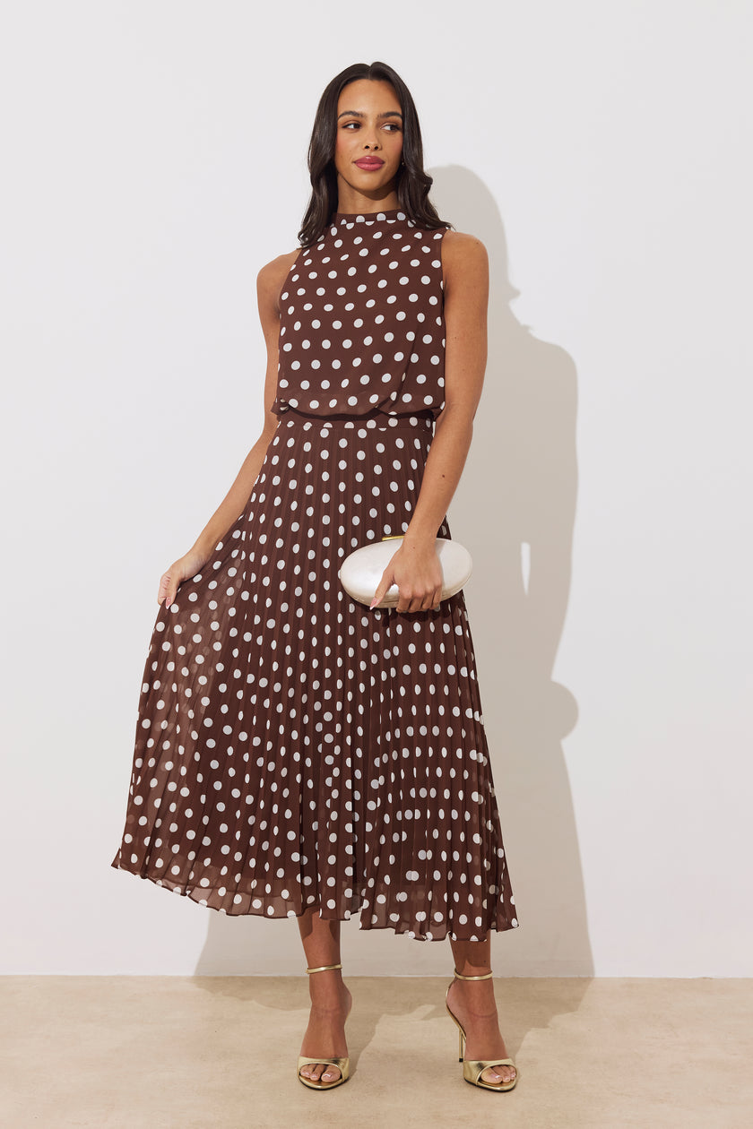 MILLY PLEAT SKIRT POLKA DOT MIDI DRESS - BROWN