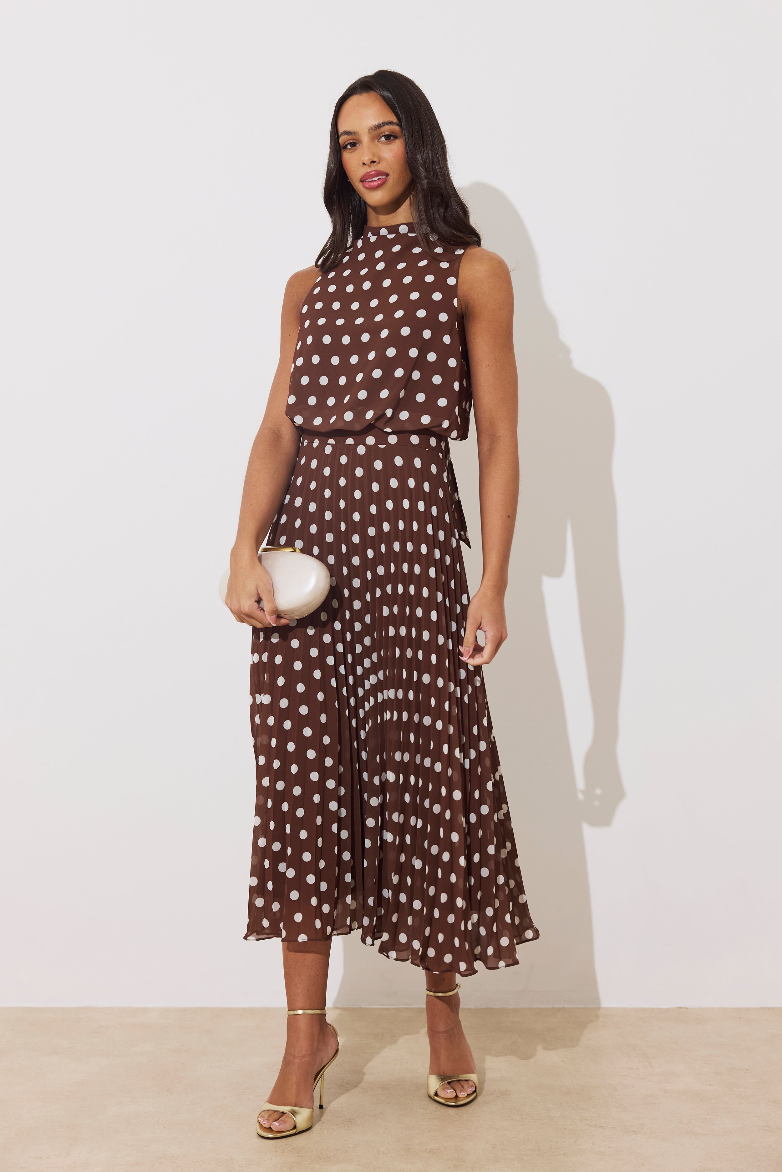 MILLY PLEAT SKIRT POLKA DOT MIDI DRESS - BROWN