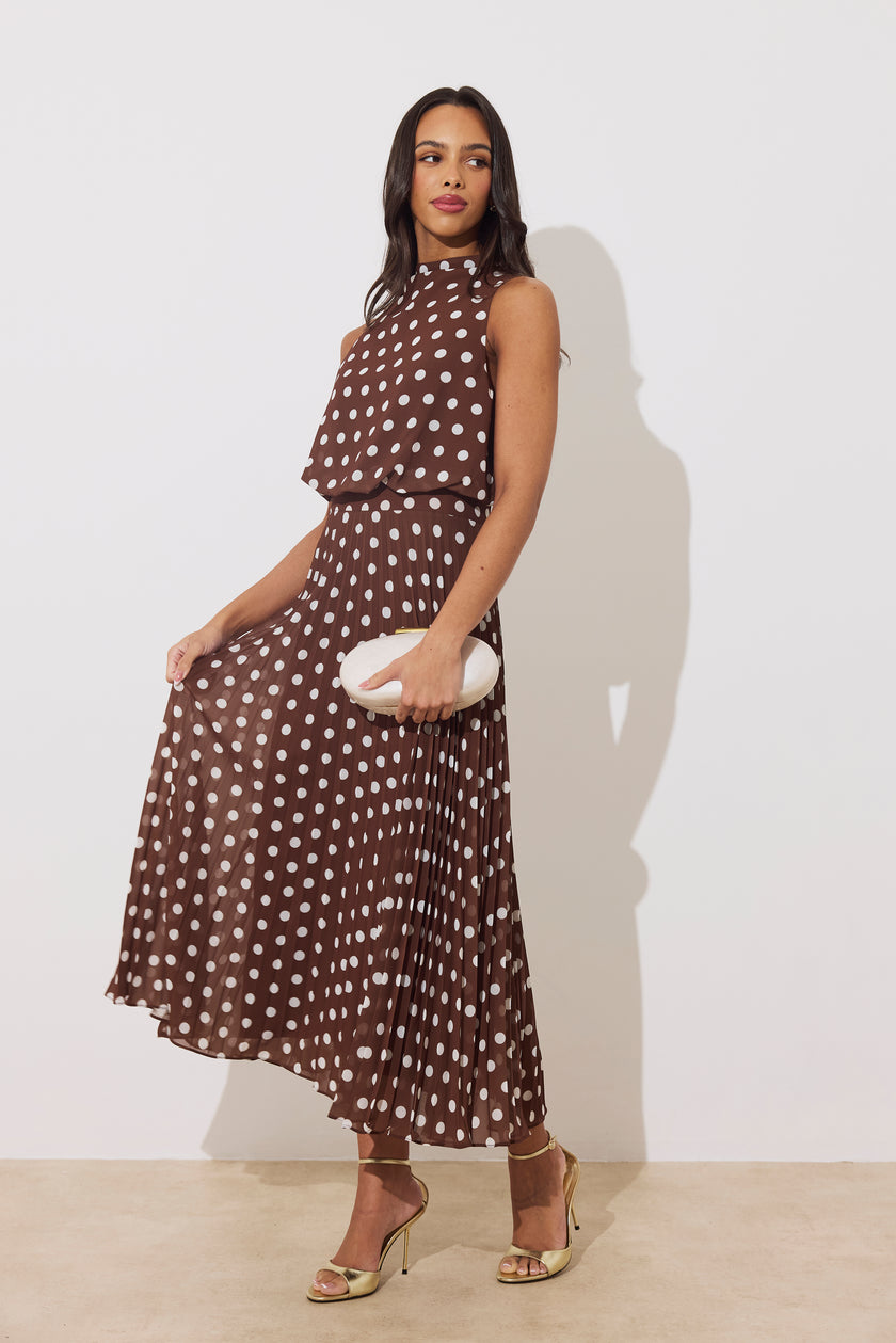 MILLY PLEAT SKIRT POLKA DOT MIDI DRESS - BROWN