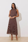 MILLY PLEAT SKIRT POLKA DOT MIDI DRESS - BROWN