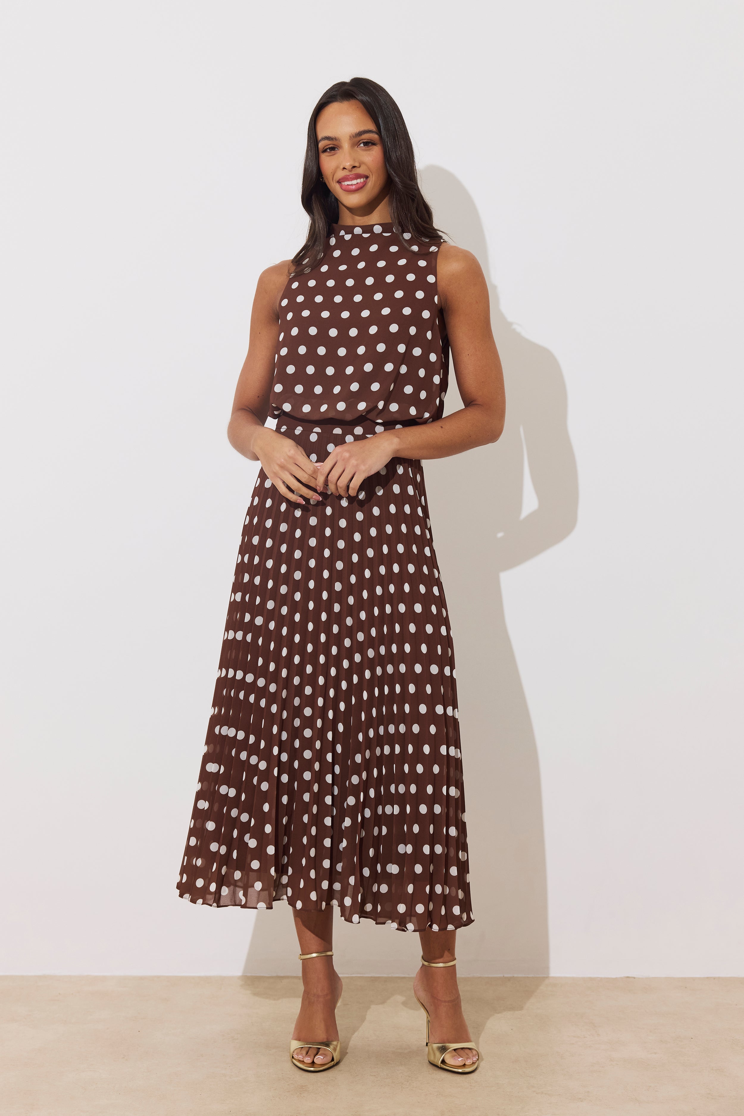 MILLY PLEAT SKIRT POLKA DOT MIDI DRESS - BROWN