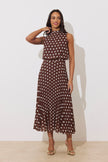 MILLY PLEAT SKIRT POLKA DOT MIDI DRESS - BROWN