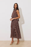 MILLY PLEAT SKIRT POLKA DOT MIDI DRESS - BROWN