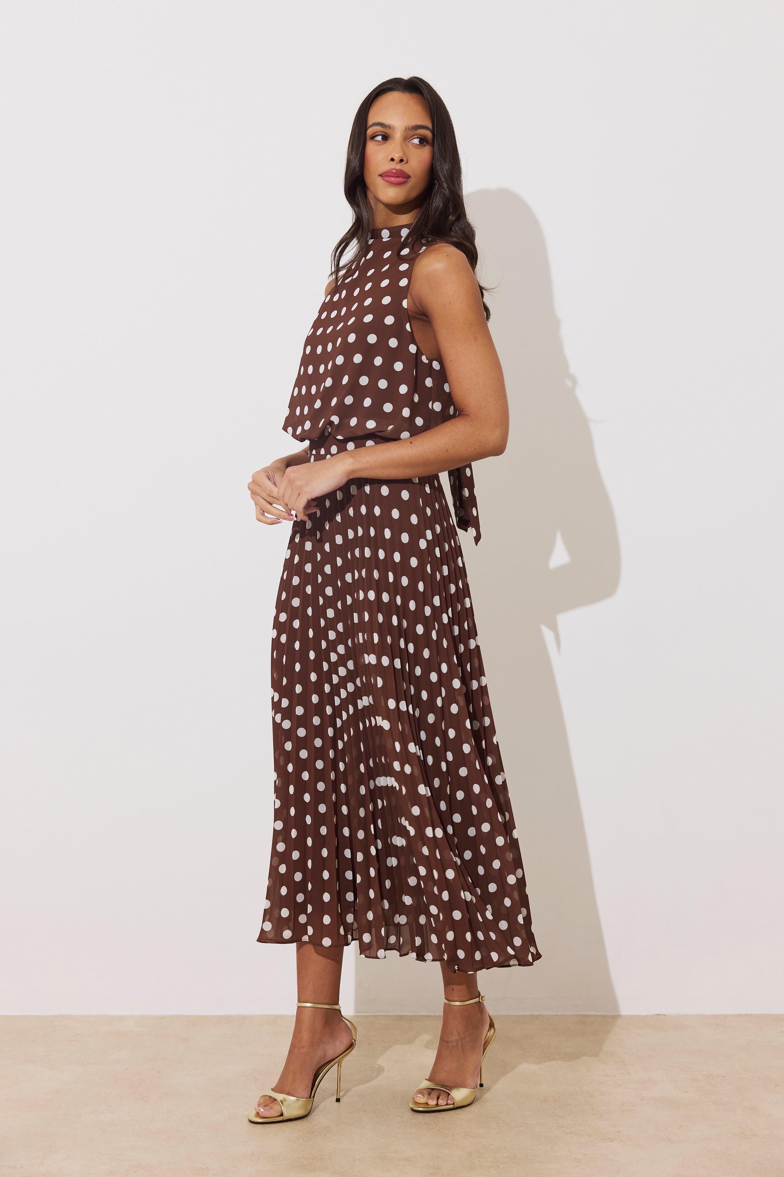 MILLY PLEAT SKIRT POLKA DOT MIDI DRESS - BROWN