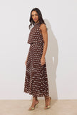 MILLY PLEAT SKIRT POLKA DOT MIDI DRESS - BROWN