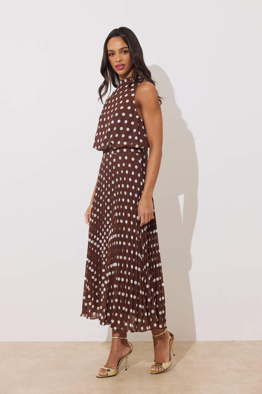 MILLY PLEAT SKIRT POLKA DOT MIDI DRESS - BROWN