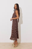 MILLY PLEAT SKIRT POLKA DOT MIDI DRESS - BROWN
