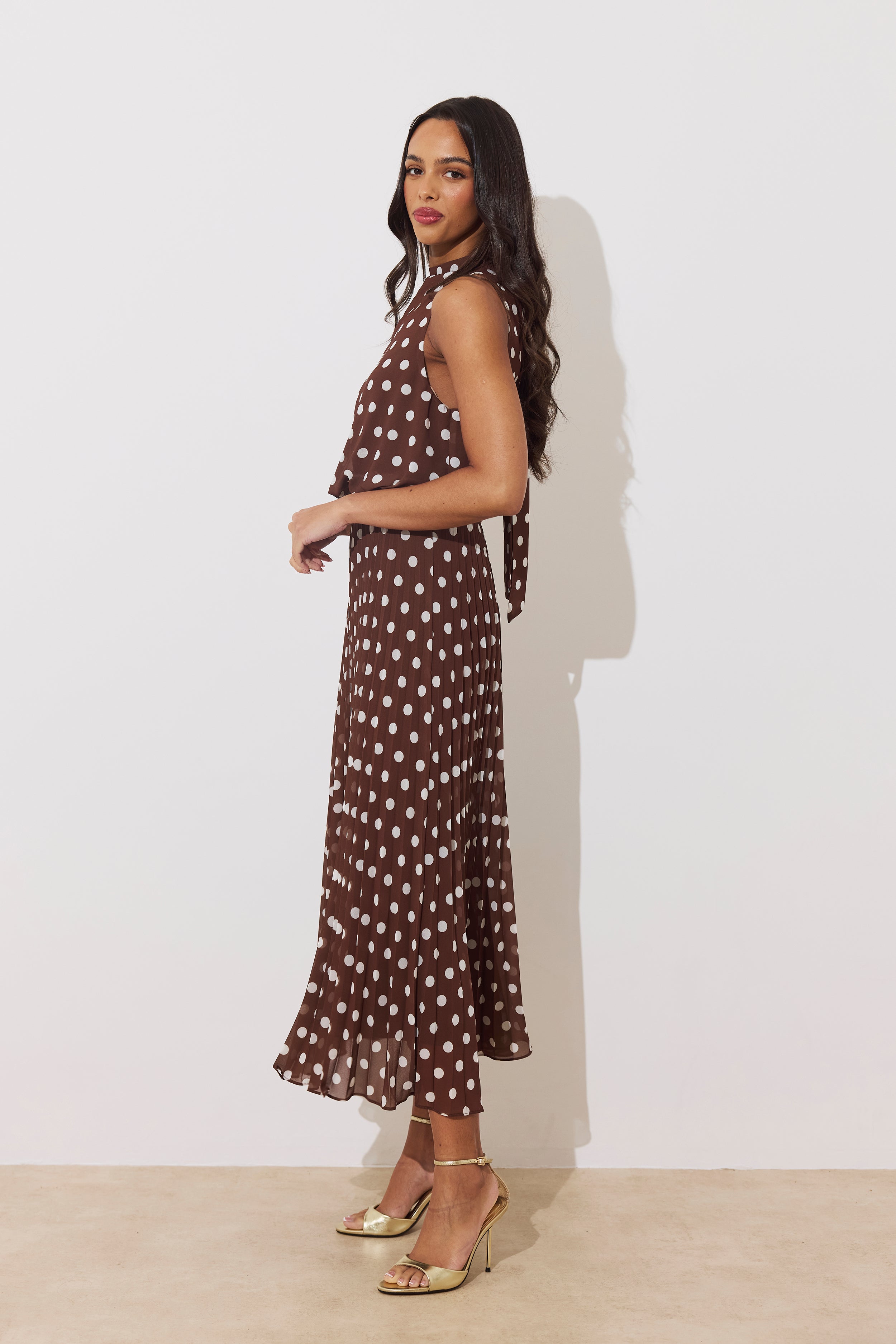 MILLY PLEAT SKIRT POLKA DOT MIDI DRESS - BROWN