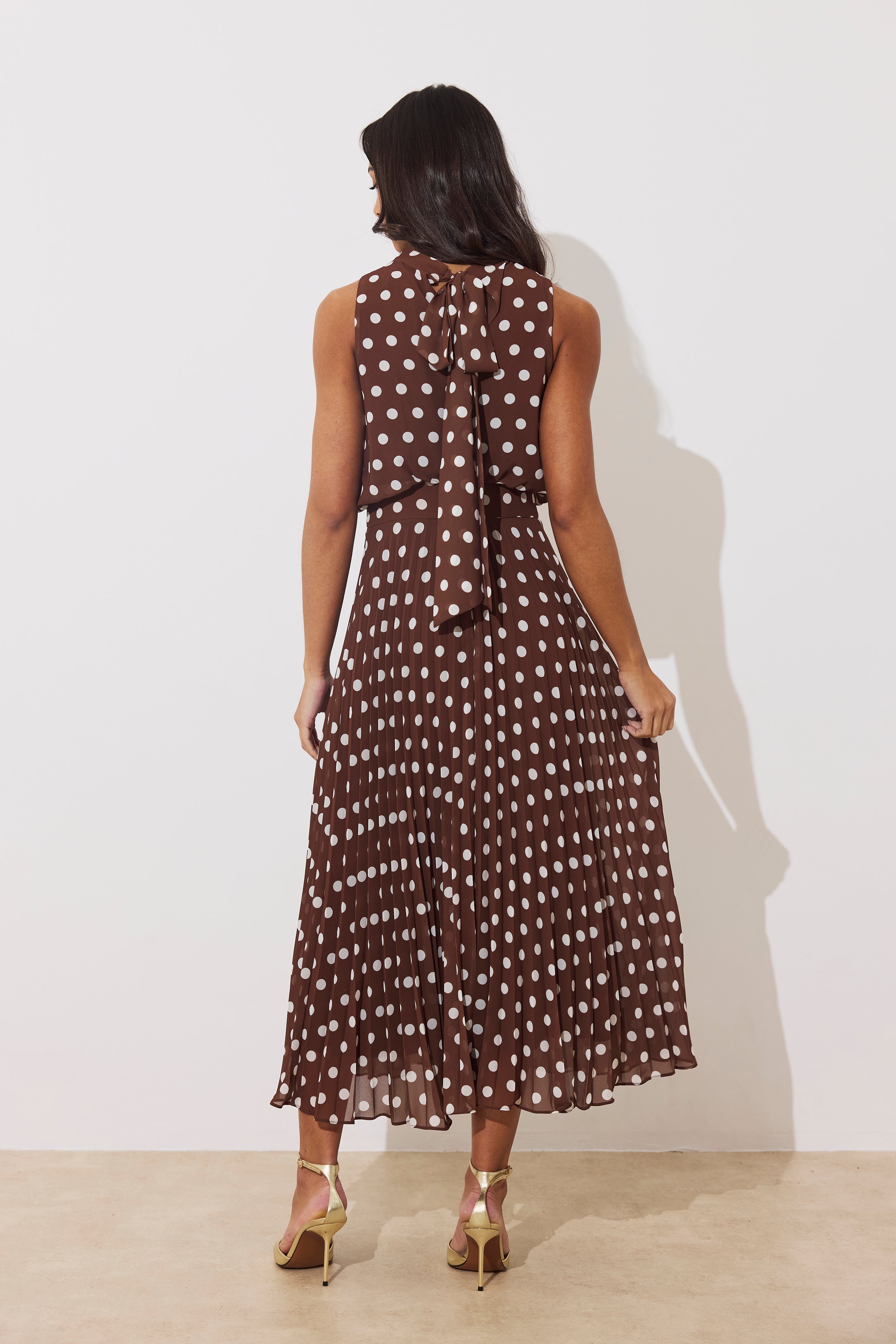 MILLY PLEAT SKIRT POLKA DOT MIDI DRESS - BROWN