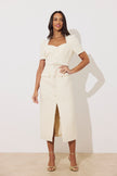 HARRIET TWEED BUTTON FRONT BELTED MIDI - CREAM