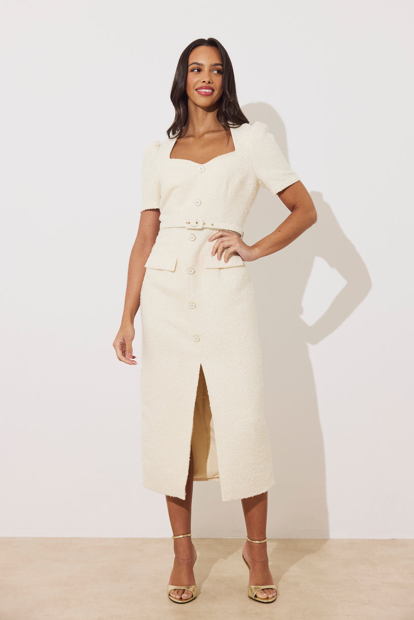 HARRIET TWEED BUTTON FRONT BELTED MIDI - CREAM