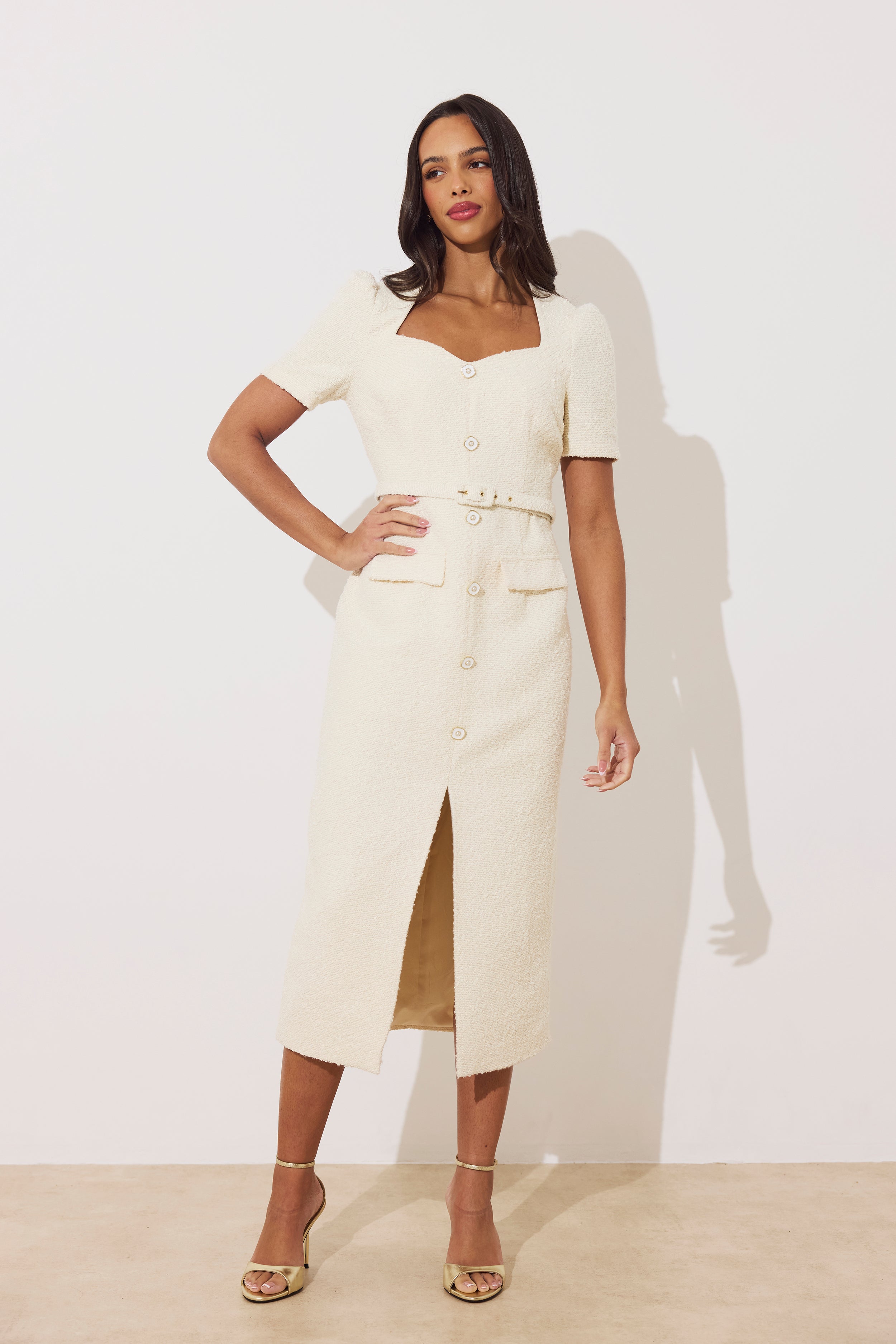 HARRIET TWEED BUTTON FRONT BELTED MIDI - CREAM