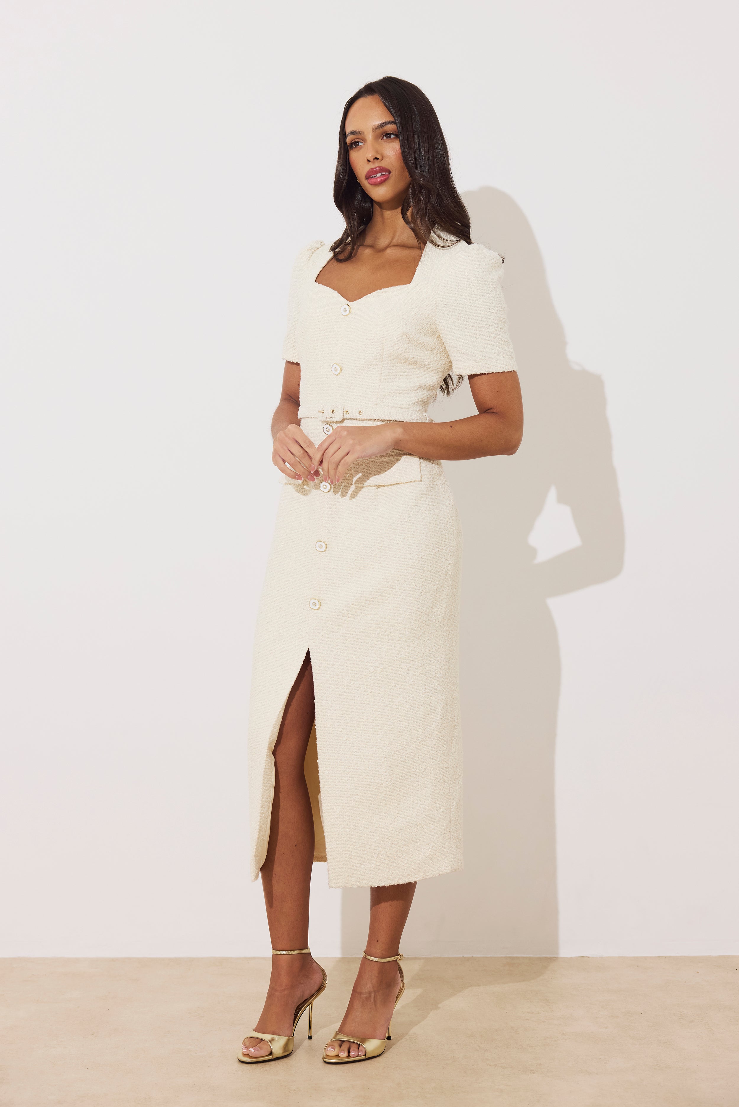 HARRIET TWEED BUTTON FRONT BELTED MIDI - CREAM