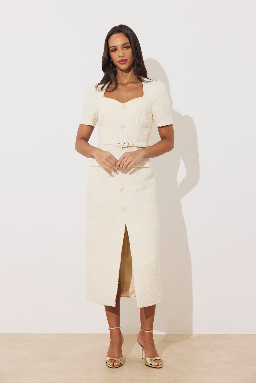 HARRIET TWEED BUTTON FRONT BELTED MIDI - CREAM