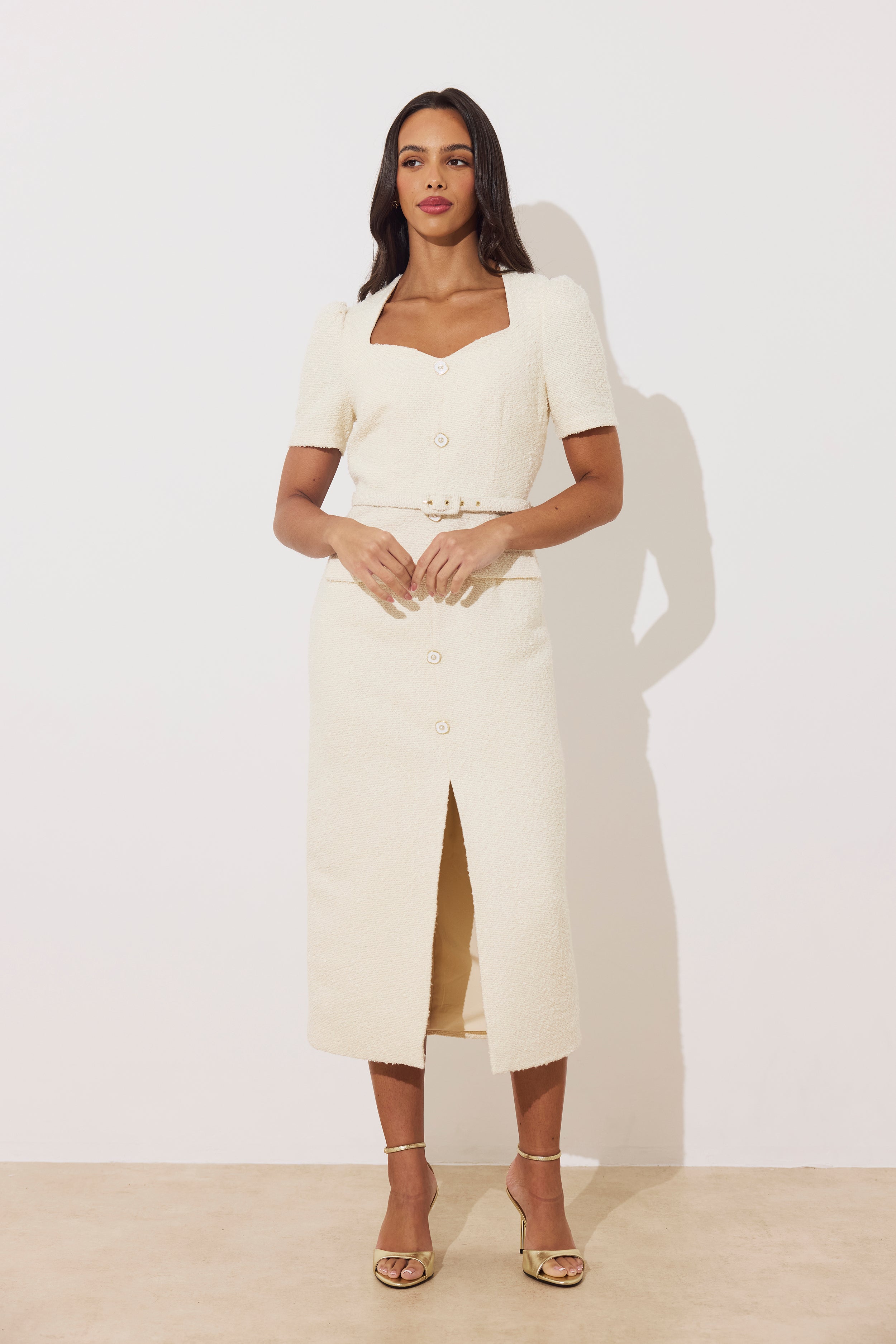 HARRIET TWEED BUTTON FRONT BELTED MIDI - CREAM