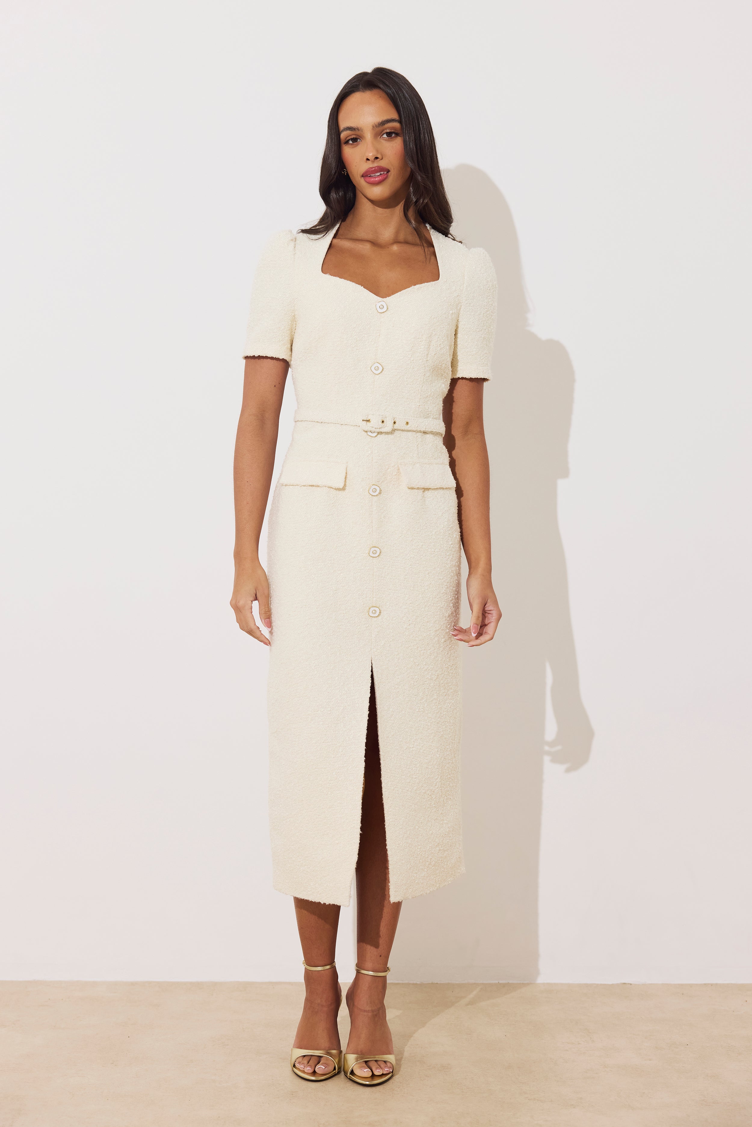 HARRIET TWEED BUTTON FRONT BELTED MIDI - CREAM