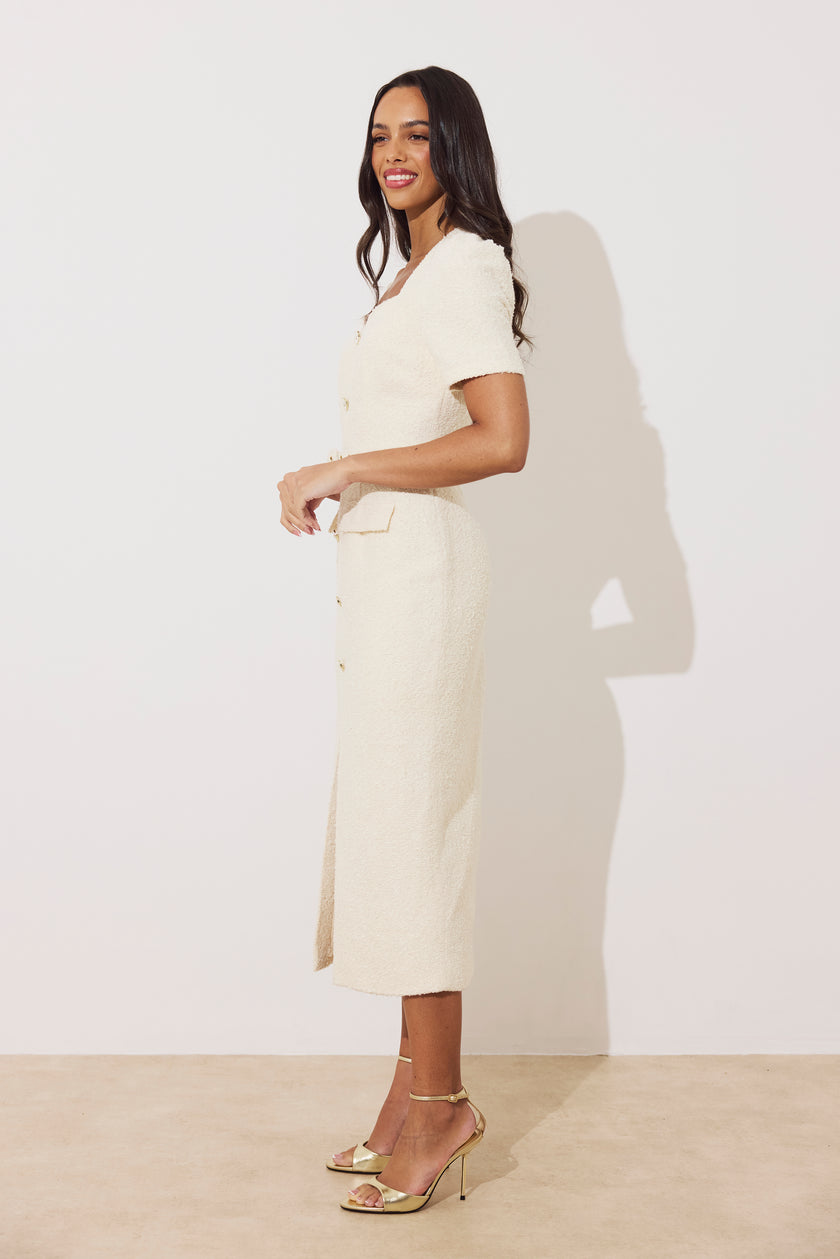 HARRIET TWEED BUTTON FRONT BELTED MIDI - CREAM