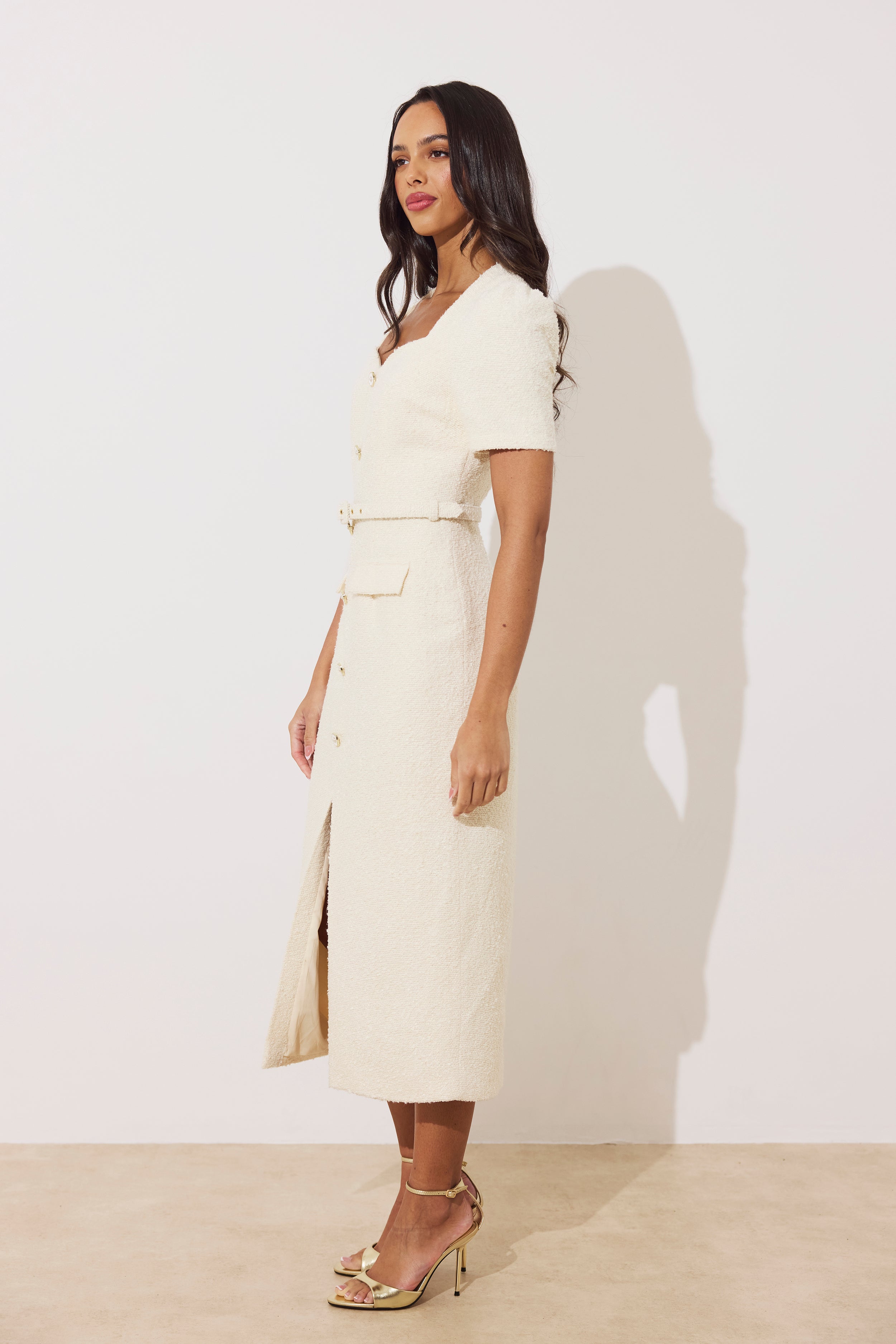 HARRIET TWEED BUTTON FRONT BELTED MIDI - CREAM